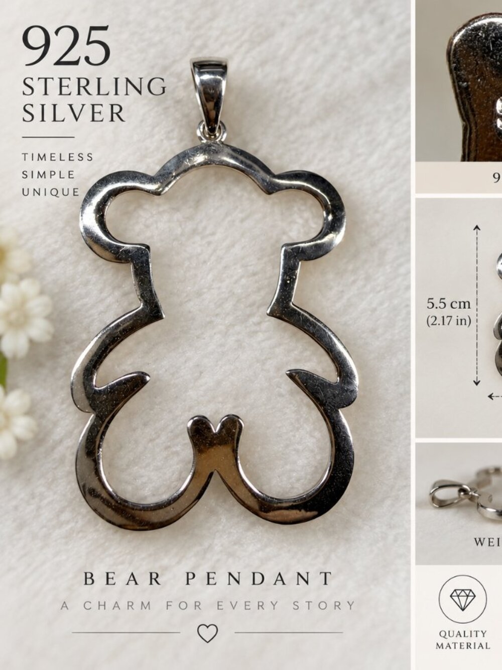 925 Sterling Silver Teddy Bear Pendant Large Statement 5.5cm